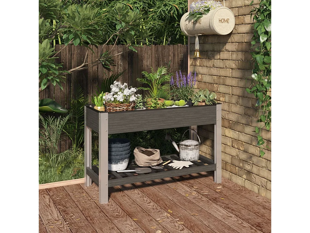 Canteiro elevado jardim c/ prateleira 120x50x75 cm WPC cinzento