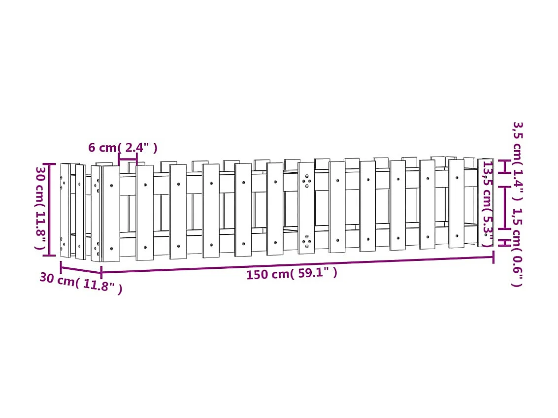 Lit surélevé de jardin design de clôture 150x30x30cm pin massif