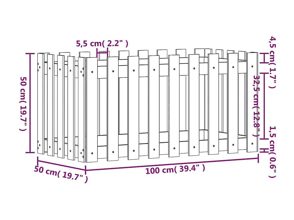 Arriate elevado jardín con valla madera maciza pino 100x50x50cm