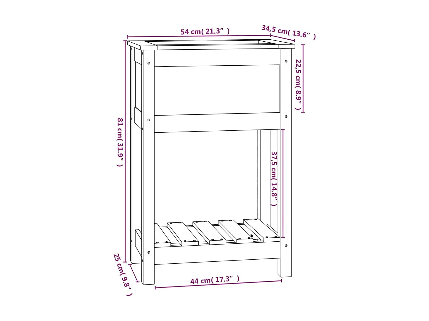 Jardinera de madera maciza de pino marrón 54x34,5x81 cm