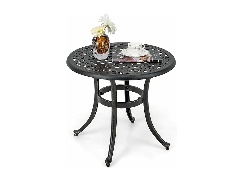 Table de Jardin Ronde 60 CM en Fonte d'Aluminium, Table d'Appoint d’Extérieur avec Repose-Pieds Réglables, Table Basse Extérieure pour Patio Piscine Terrasse, Noir