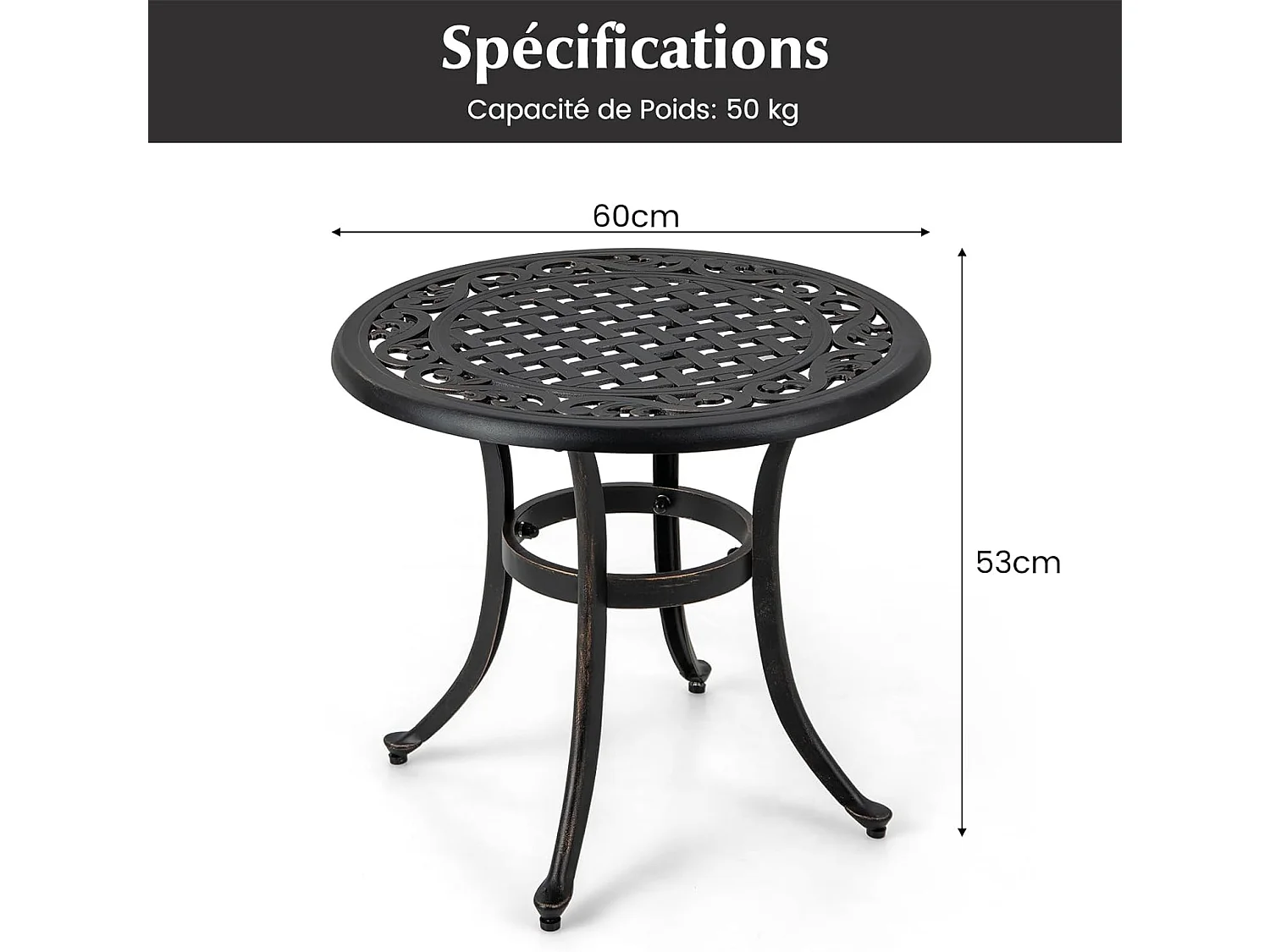 Table de Jardin Ronde 60 CM en Fonte d'Aluminium, Table d'Appoint d’Extérieur avec Repose-Pieds Réglables, Table Basse Extérieure pour Patio Piscine Terrasse, Noir