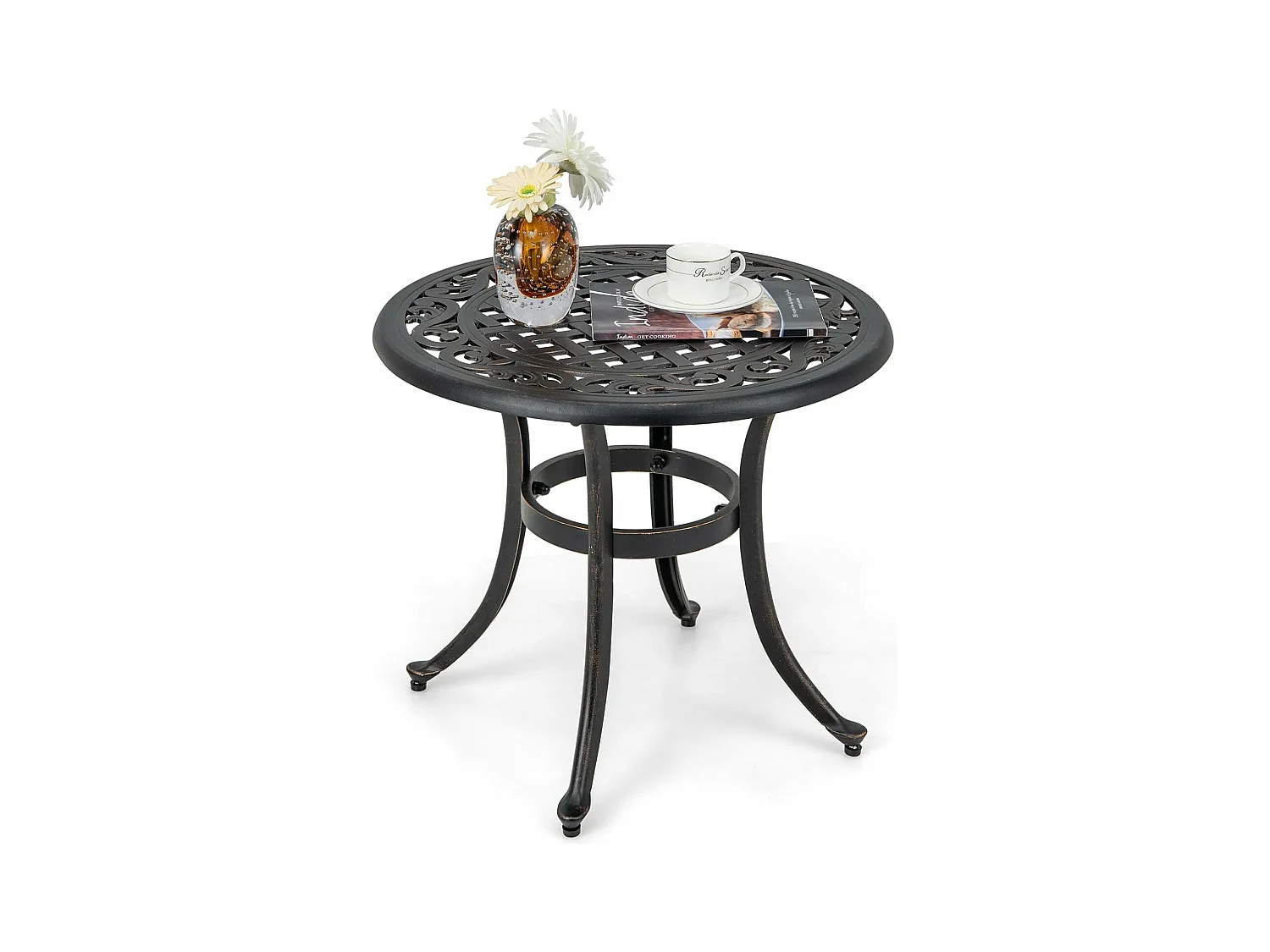Table de Jardin Ronde 60 CM en Fonte d'Aluminium, Table d'Appoint d’Extérieur avec Repose-Pieds Réglables, Table Basse Extérieure pour Patio Piscine Terrasse, Noir
