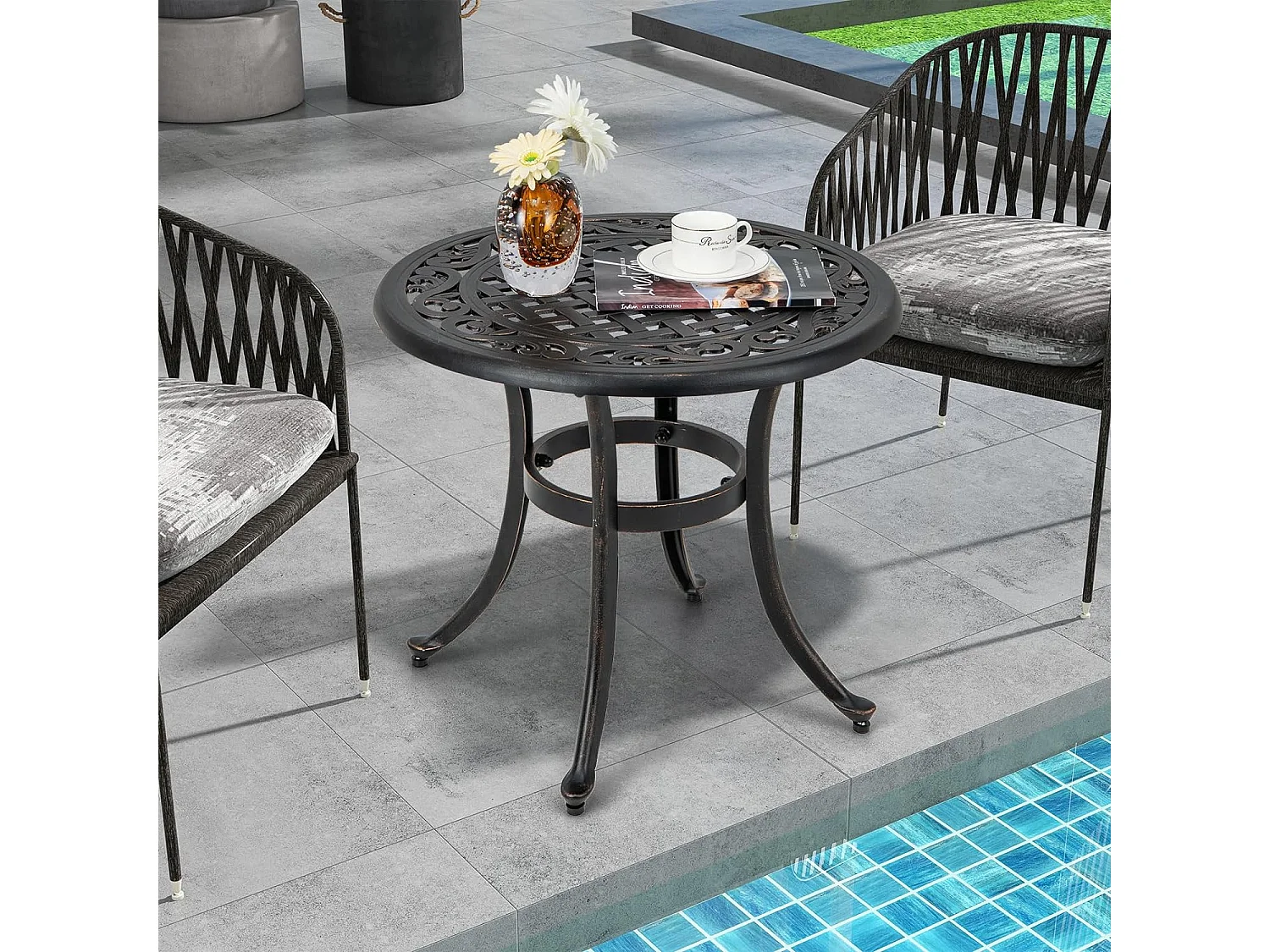 Table de Jardin Ronde 60 CM en Fonte d'Aluminium, Table d'Appoint d’Extérieur avec Repose-Pieds Réglables, Table Basse Extérieure pour Patio Piscine Terrasse, Noir