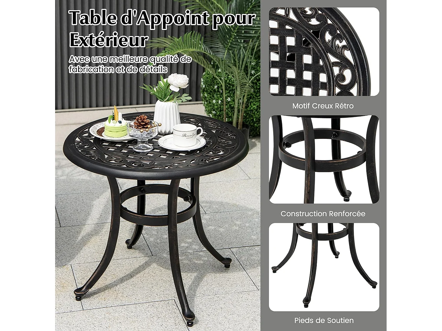 Table de Jardin Ronde 60 CM en Fonte d'Aluminium, Table d'Appoint d’Extérieur avec Repose-Pieds Réglables, Table Basse Extérieure pour Patio Piscine Terrasse, Noir