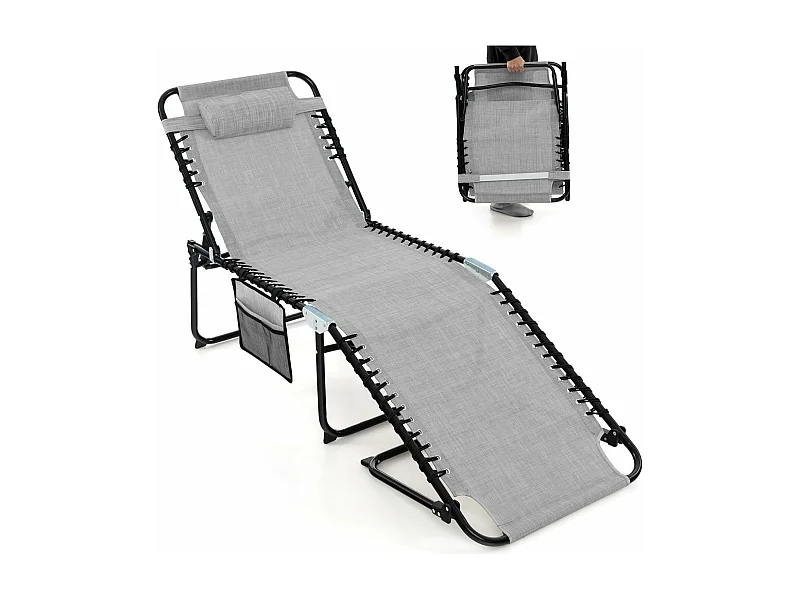 Chaise Longue Pliante avec Appuie-tête Amovible Dossier Réglable à 4 Positions Acier Antirouille pour CamBoisg Terrasse,Gris