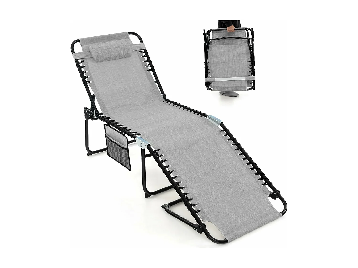 Chaise Longue Pliante avec Appuie-tête Amovible Dossier Réglable à 4 Positions Acier Antirouille pour CamBoisg Terrasse,Gris