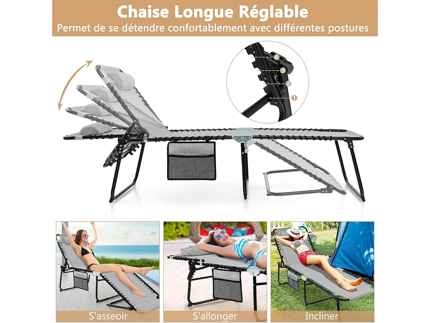 Chaise Longue Pliante avec Appuie-tête Amovible Dossier Réglable à 4 Positions Acier Antirouille pour CamBoisg Terrasse,Gris