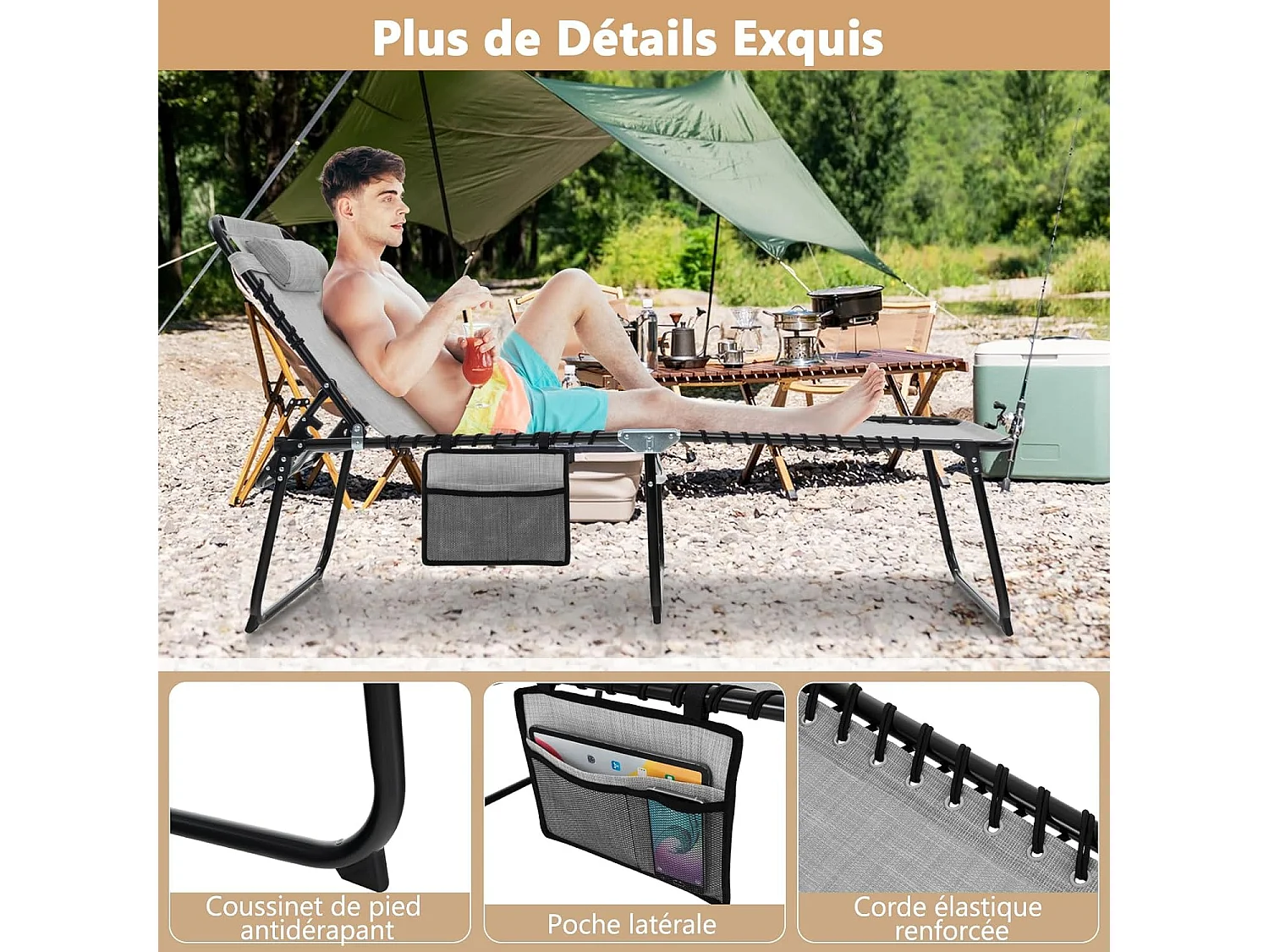 Chaise Longue Pliante avec Appuie-tête Amovible Dossier Réglable à 4 Positions Acier Antirouille pour CamBoisg Terrasse,Gris