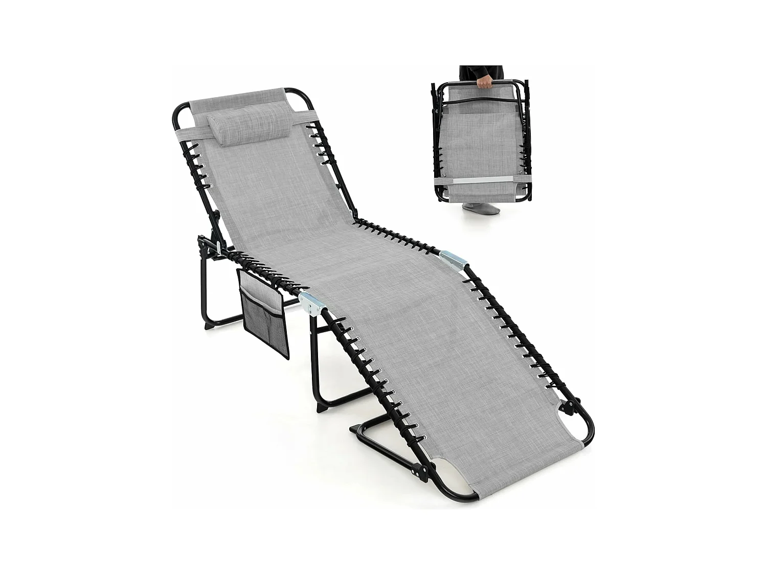 Chaise Longue Pliante avec Appuie-tête Amovible Dossier Réglable à 4 Positions Acier Antirouille pour CamBoisg Terrasse,Gris