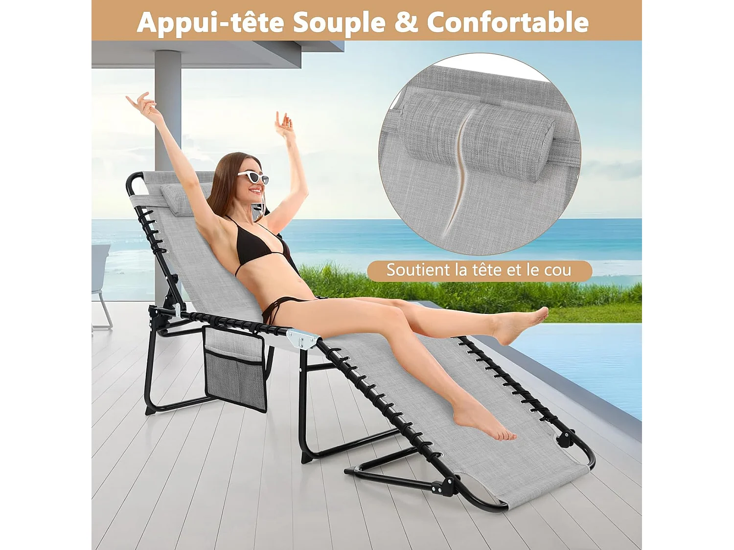 Chaise Longue Pliante avec Appuie-tête Amovible Dossier Réglable à 4 Positions Acier Antirouille pour CamBoisg Terrasse,Gris
