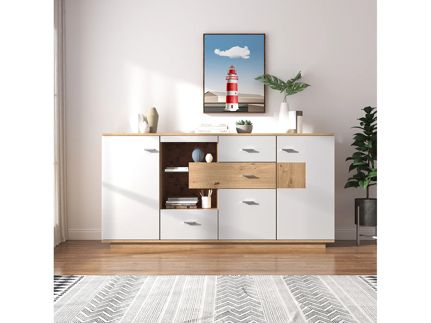 Aparador moderno 160x40x77 cm aspecto madera, 2 puertas, 4 cajones y estante de cristal - LED - Blanco