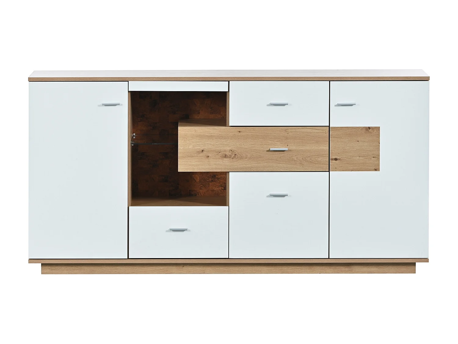Aparador moderno 160x40x77 cm aspecto madera, 2 puertas, 4 cajones y estante de cristal - LED - Blanco