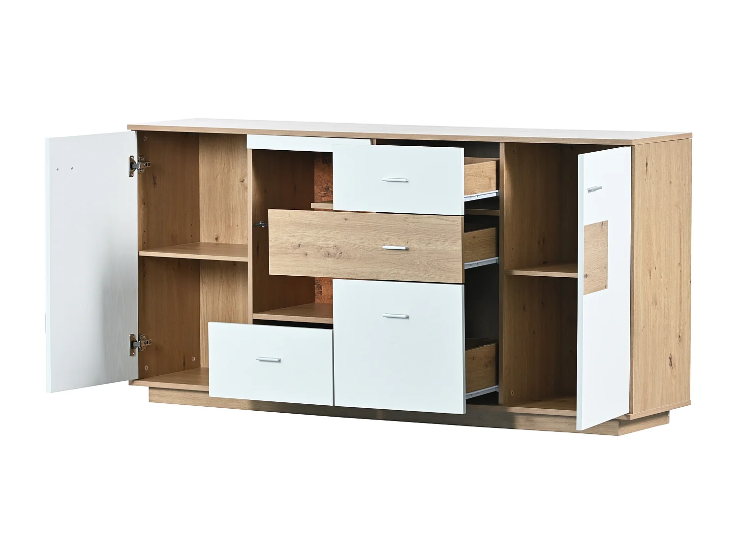 Aparador moderno 160x40x77 cm aspecto madera, 2 puertas, 4 cajones y estante de cristal - LED - Blanco