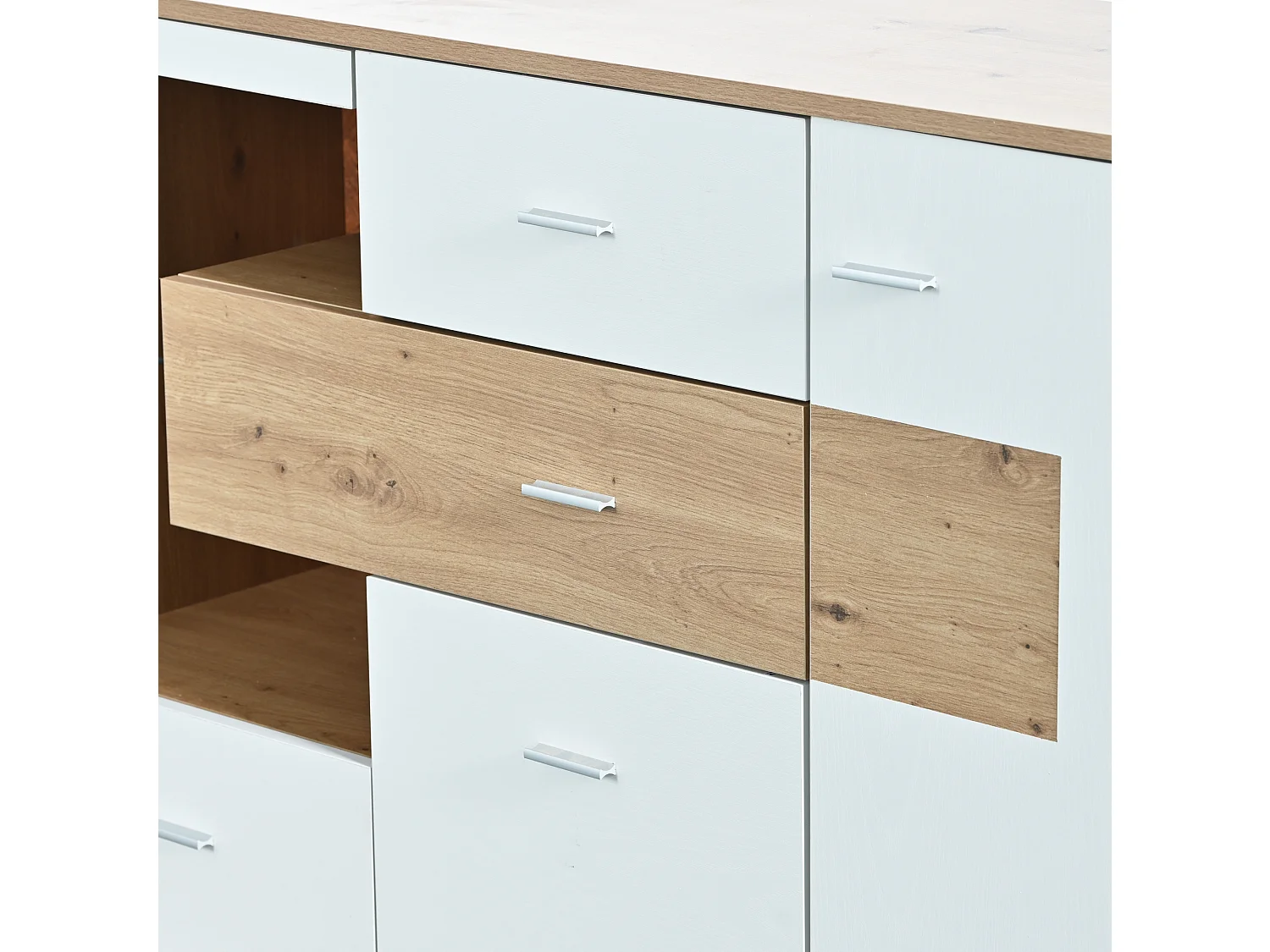 Aparador moderno 160x40x77 cm aspecto madera, 2 puertas, 4 cajones y estante de cristal - LED - Blanco