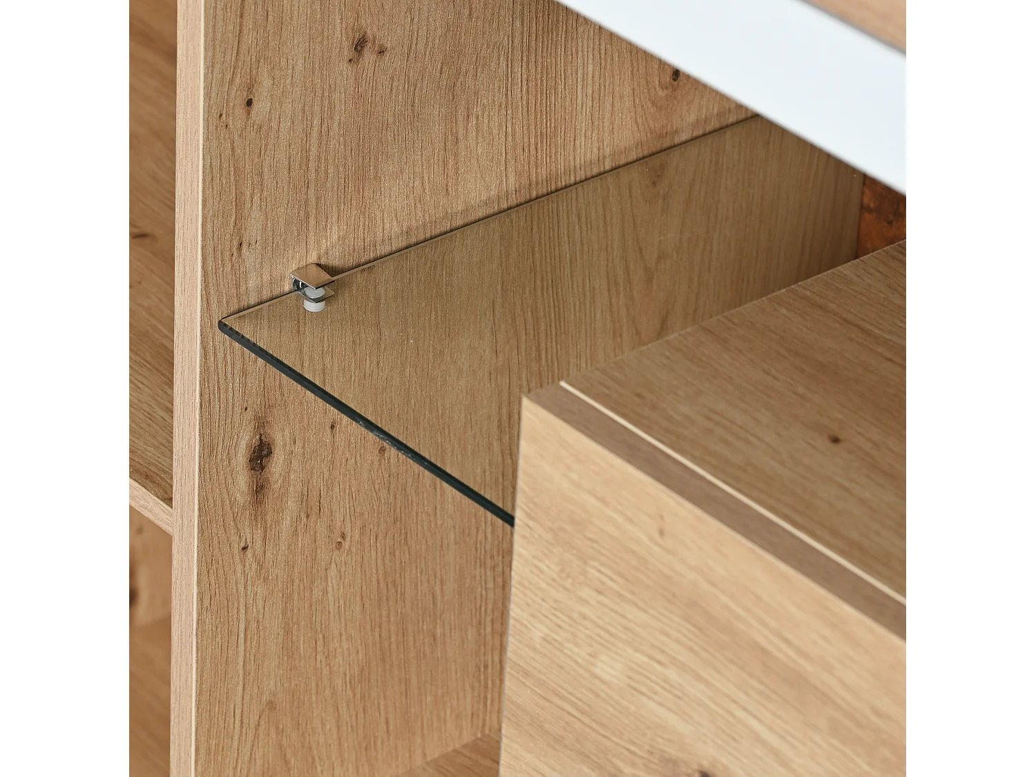 Aparador moderno 160x40x77 cm aspecto madera, 2 puertas, 4 cajones y estante de cristal - LED - Blanco