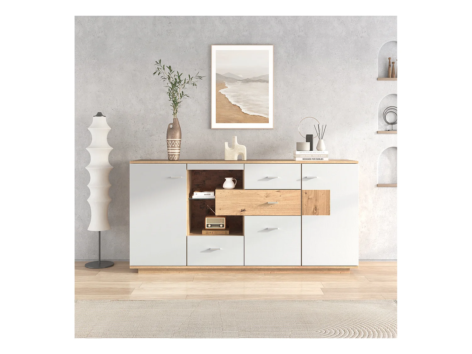 Buffet moderne 160x40x77 cm avec aspect bois, 2 portes, 4 tiroirs et étagère en verre - LED - Blanc