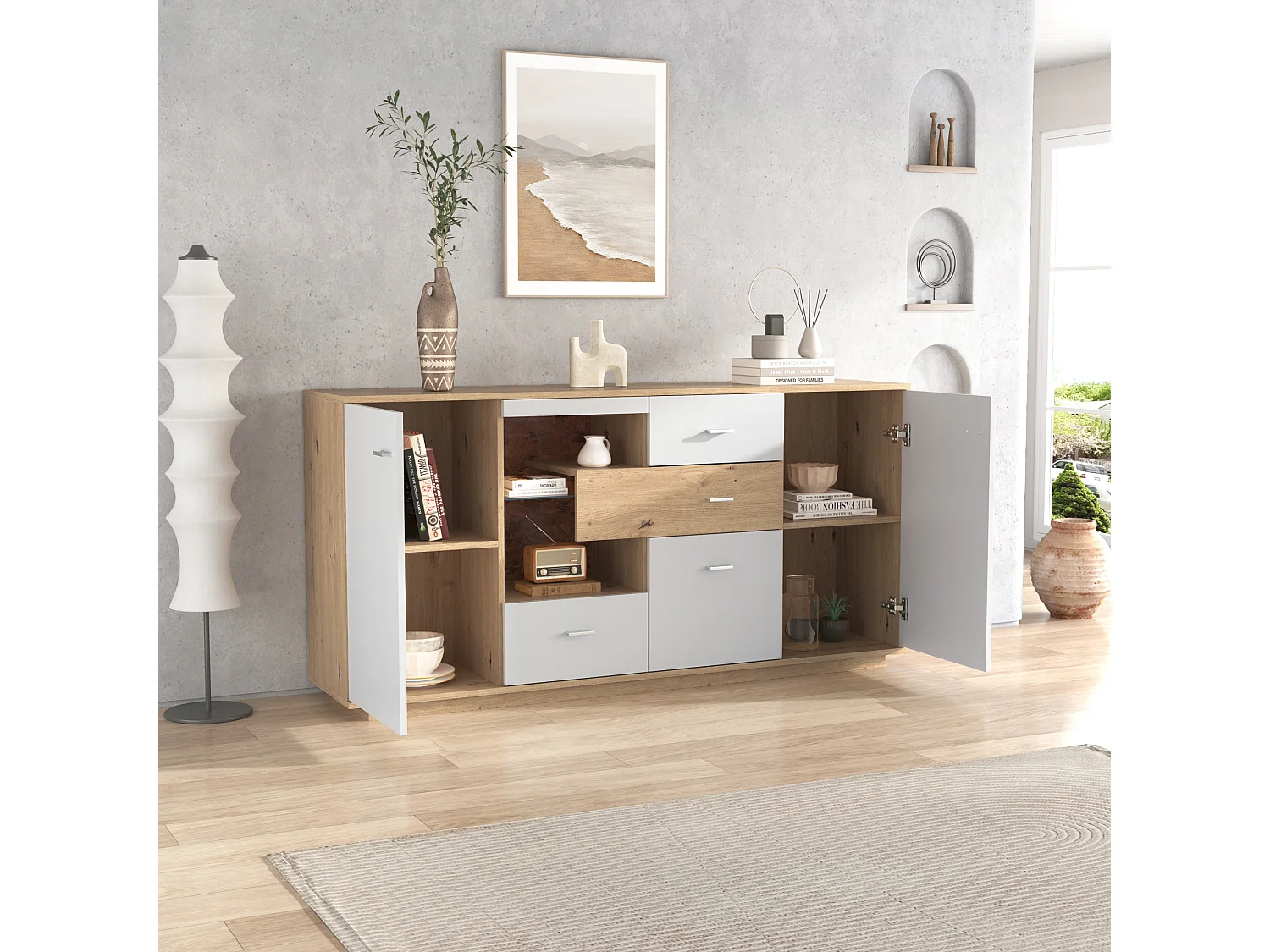 Buffet moderne 160x40x77 cm avec aspect bois, 2 portes, 4 tiroirs et étagère en verre - LED - Blanc