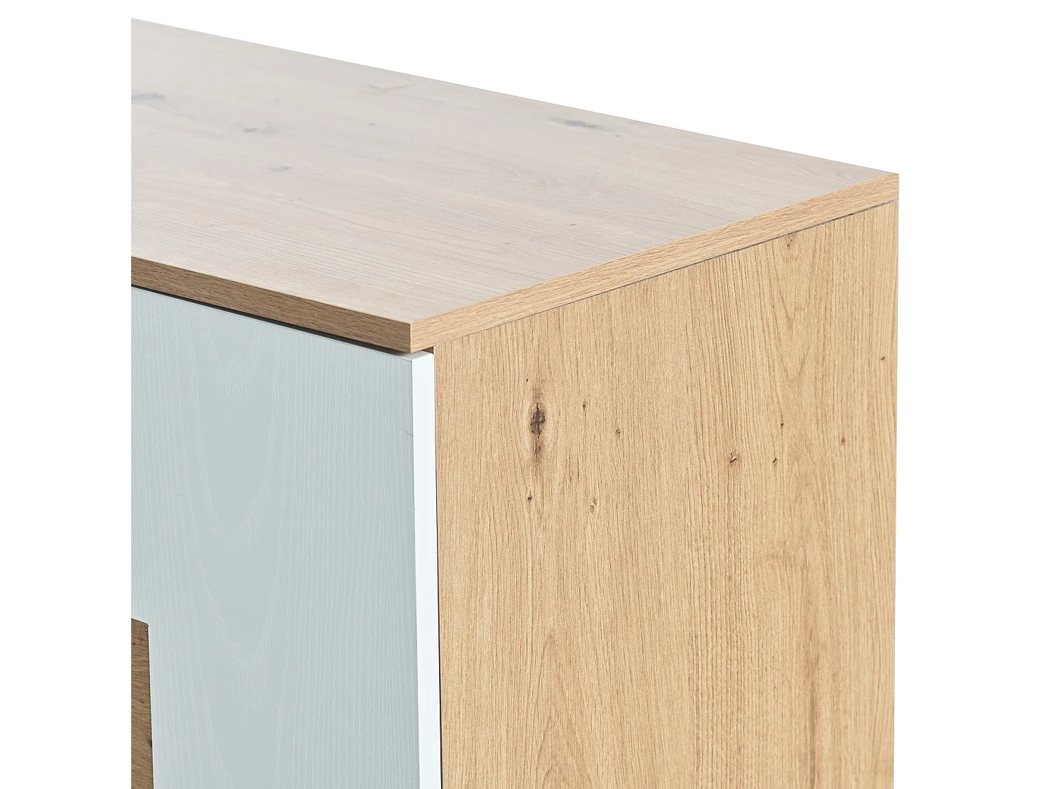 Buffet moderne 160x40x77 cm avec aspect bois, 2 portes, 4 tiroirs et étagère en verre - LED - Blanc