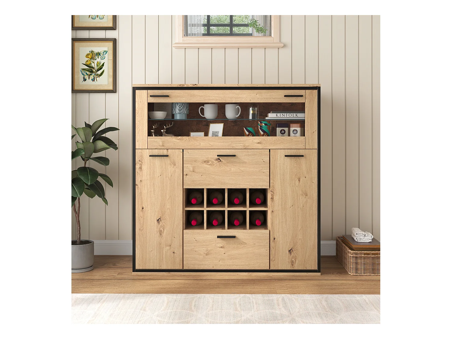 Buffet multifonctionnel 110x38x111 cm étagère en verre avec LED et 8 porte-bouteilles - Naturel