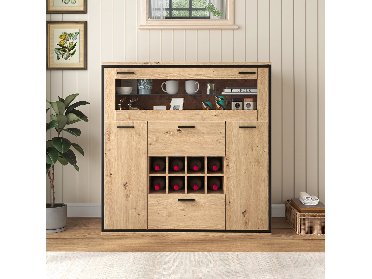 Credenza multifunzionale 110x38x111 cm ripiano in vetro con LED e 8 portabottiglie - Naturale