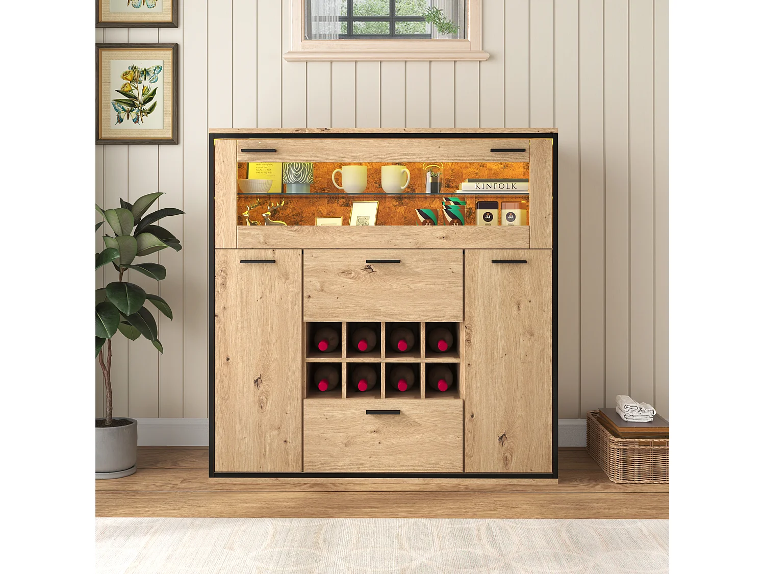 Credenza multifunzionale 110x38x111 cm ripiano in vetro con LED e 8 portabottiglie - Naturale