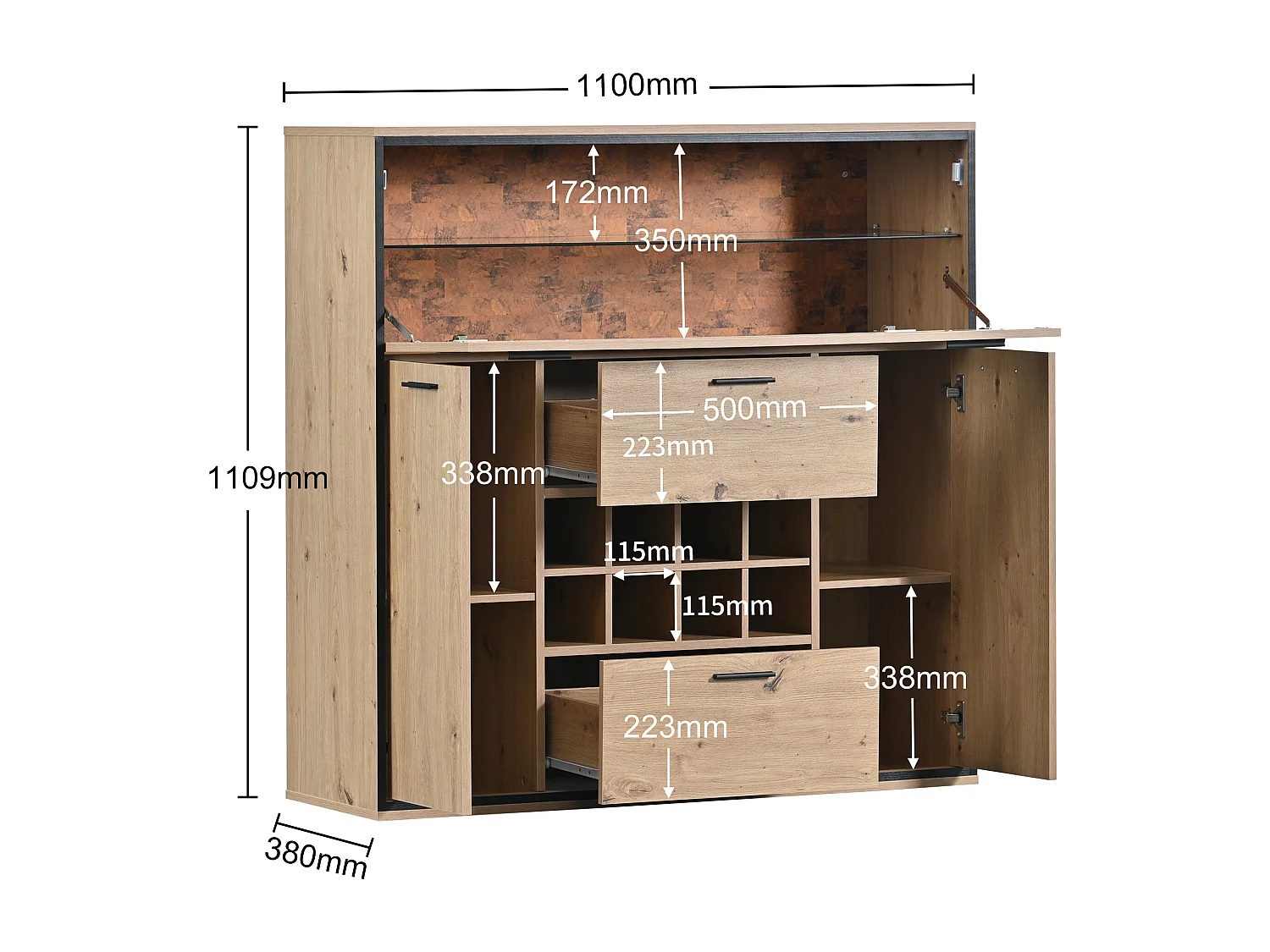Credenza multifunzionale 110x38x111 cm ripiano in vetro con LED e 8 portabottiglie - Naturale