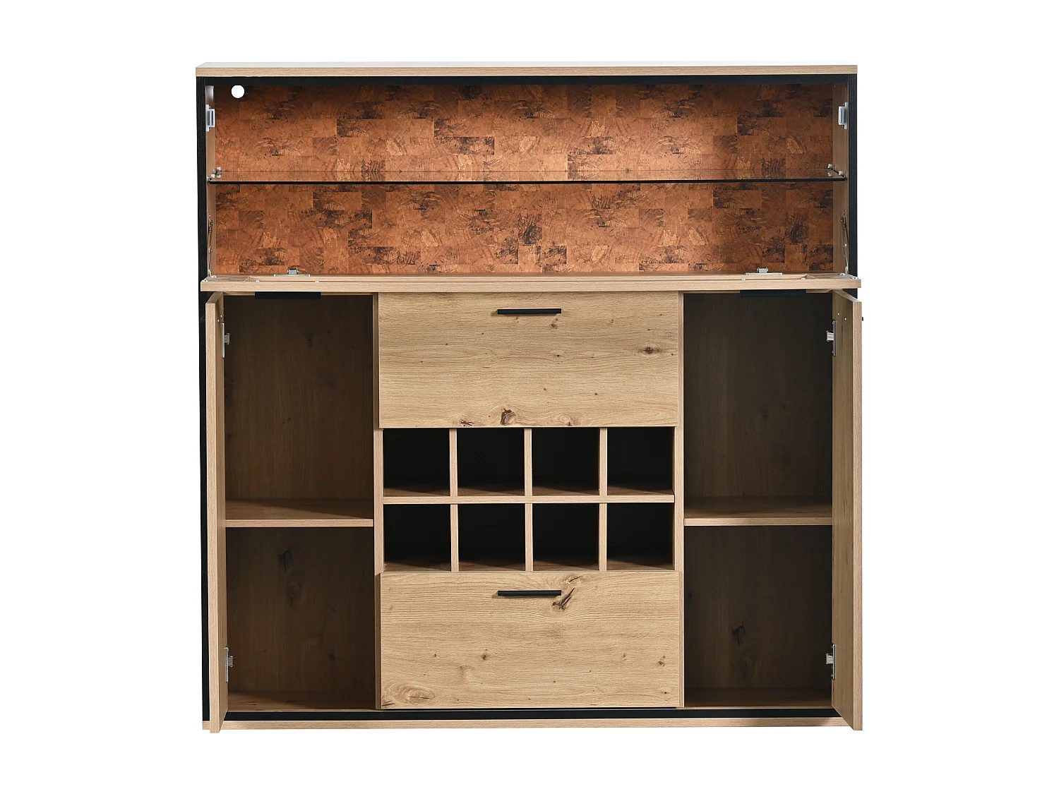 Credenza multifunzionale 110x38x111 cm ripiano in vetro con LED e 8 portabottiglie - Naturale