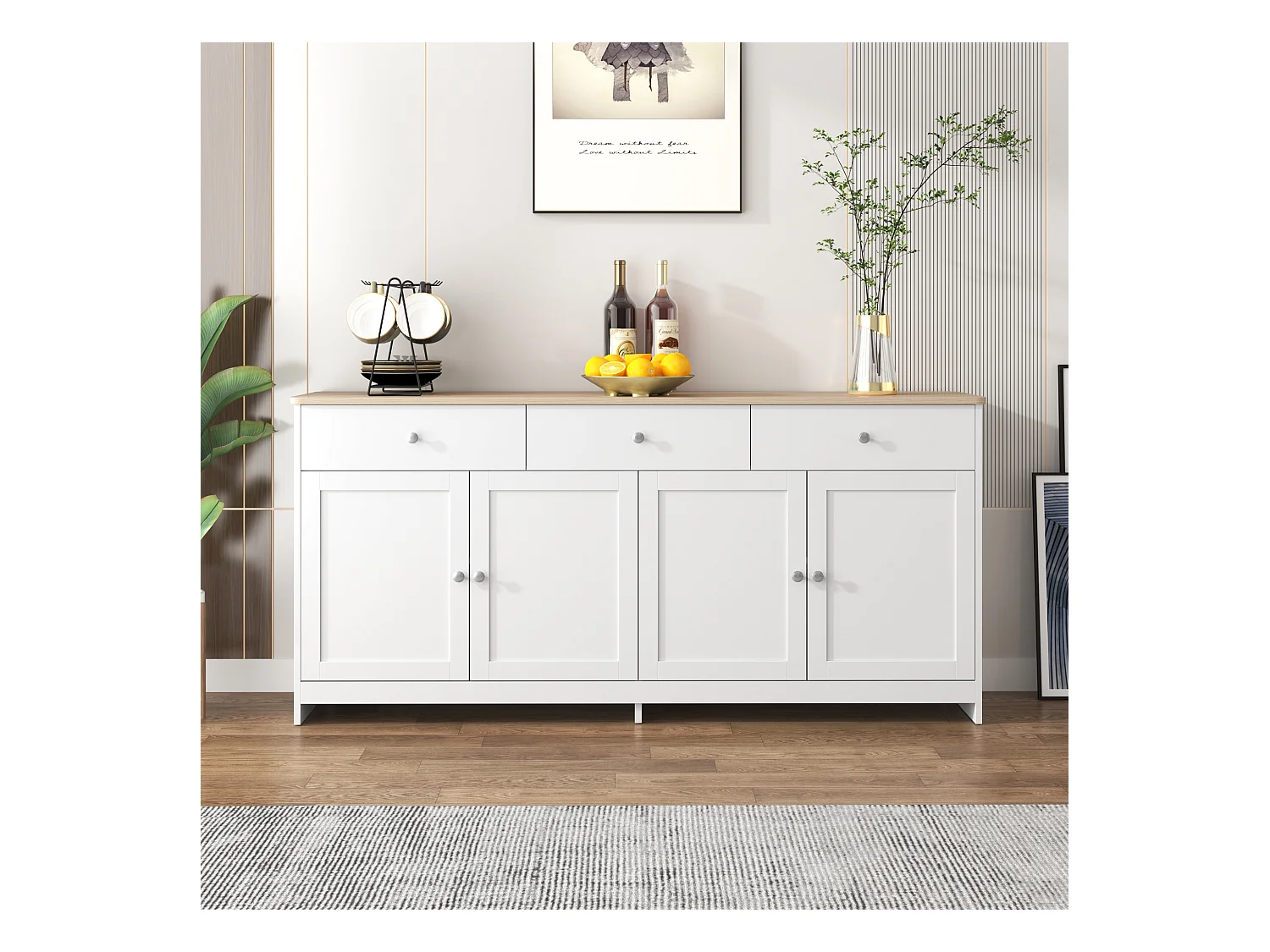 Buffet blanc avec 4 portes et 3 tiroirs en bois - 160x37x75 cm