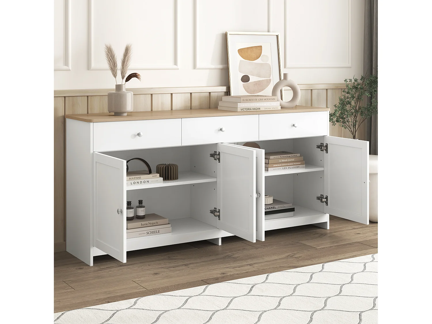 Buffet blanc avec 4 portes et 3 tiroirs en bois - 160x37x75 cm