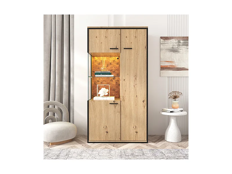 Vitrine moderne 150x78x40 cm avec LED, grand rangement et étagère en verre - Naturel