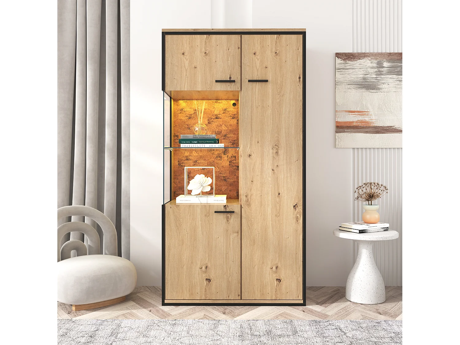 Vitrine moderne 150x78x40 cm avec LED, grand rangement et étagère en verre - Naturel