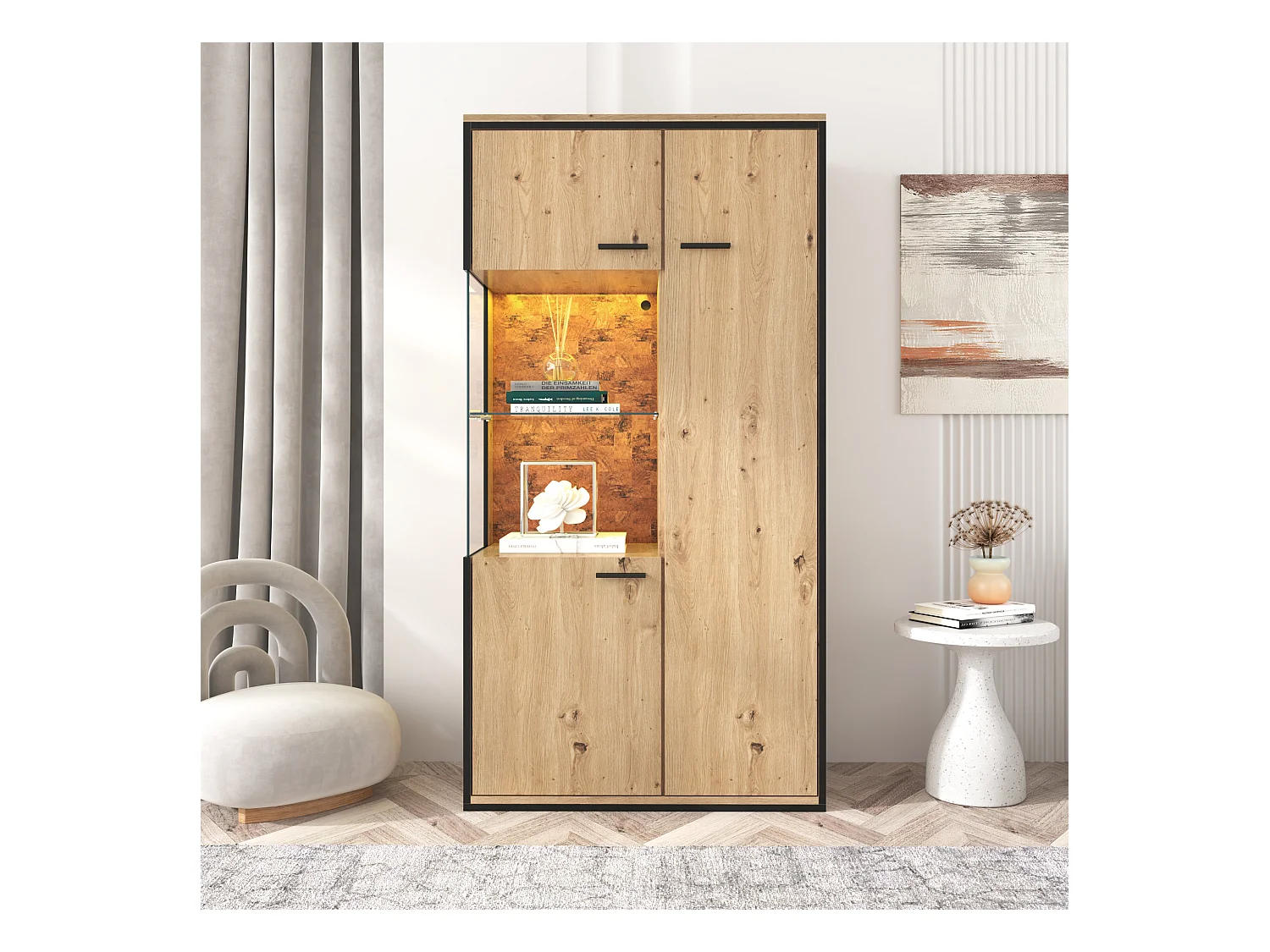 Vetrina moderna 150x78x40 cm con LED, ampio contenitore e ripiano in vetro - Naturale