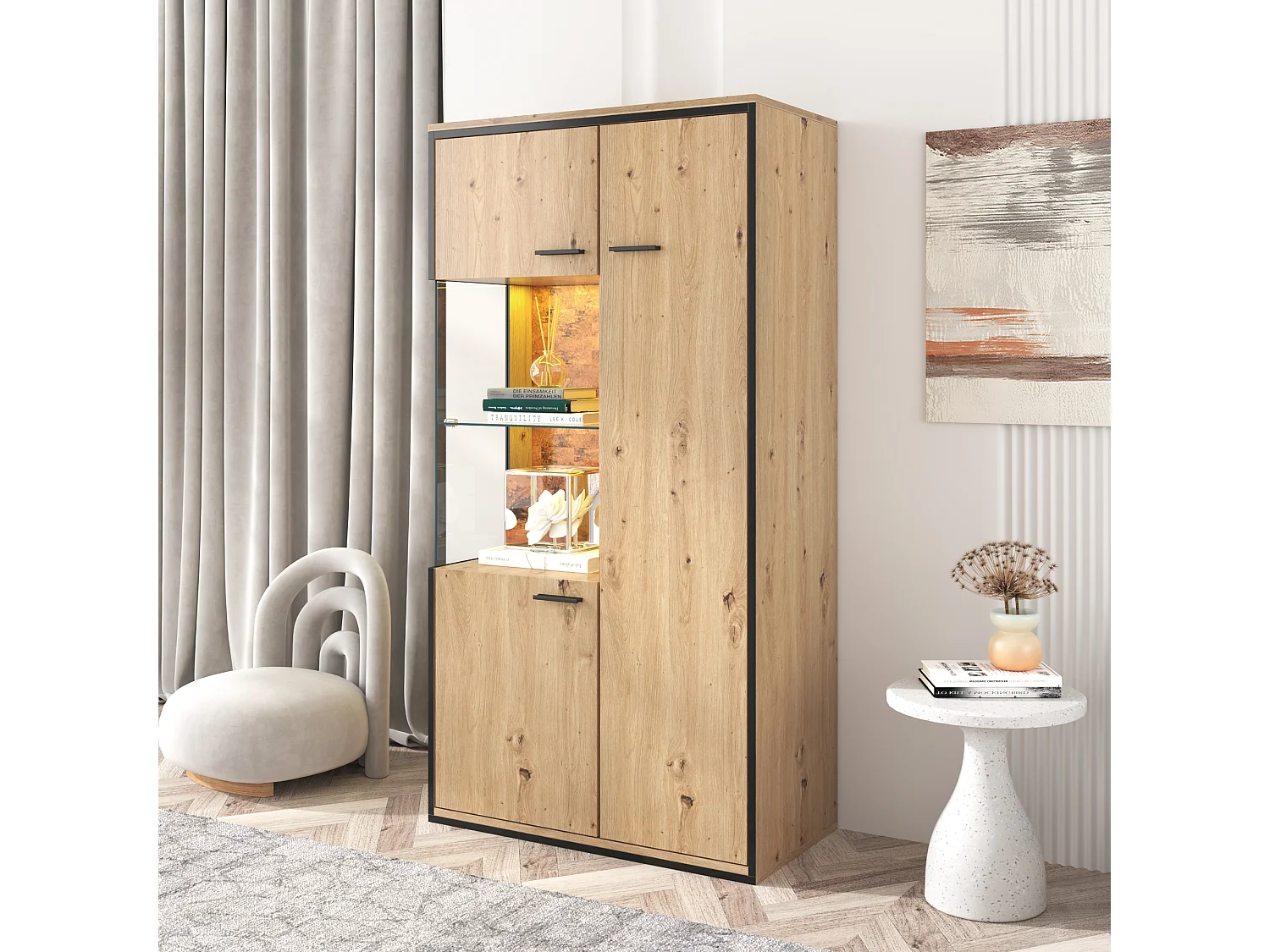 Vitrine moderne 150x78x40 cm avec LED, grand rangement et étagère en verre - Naturel