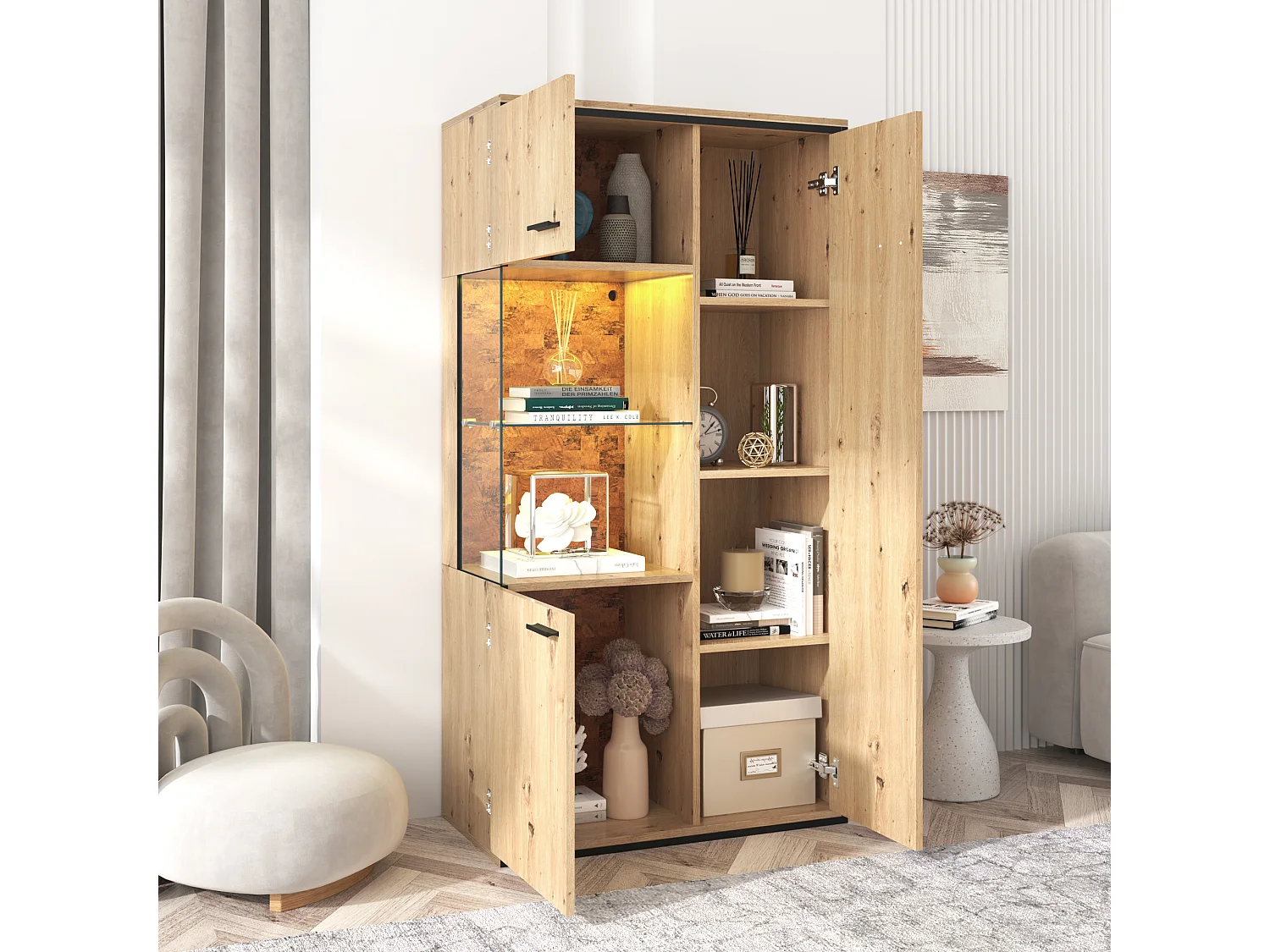 Vitrine moderne 150x78x40 cm avec LED, grand rangement et étagère en verre - Naturel