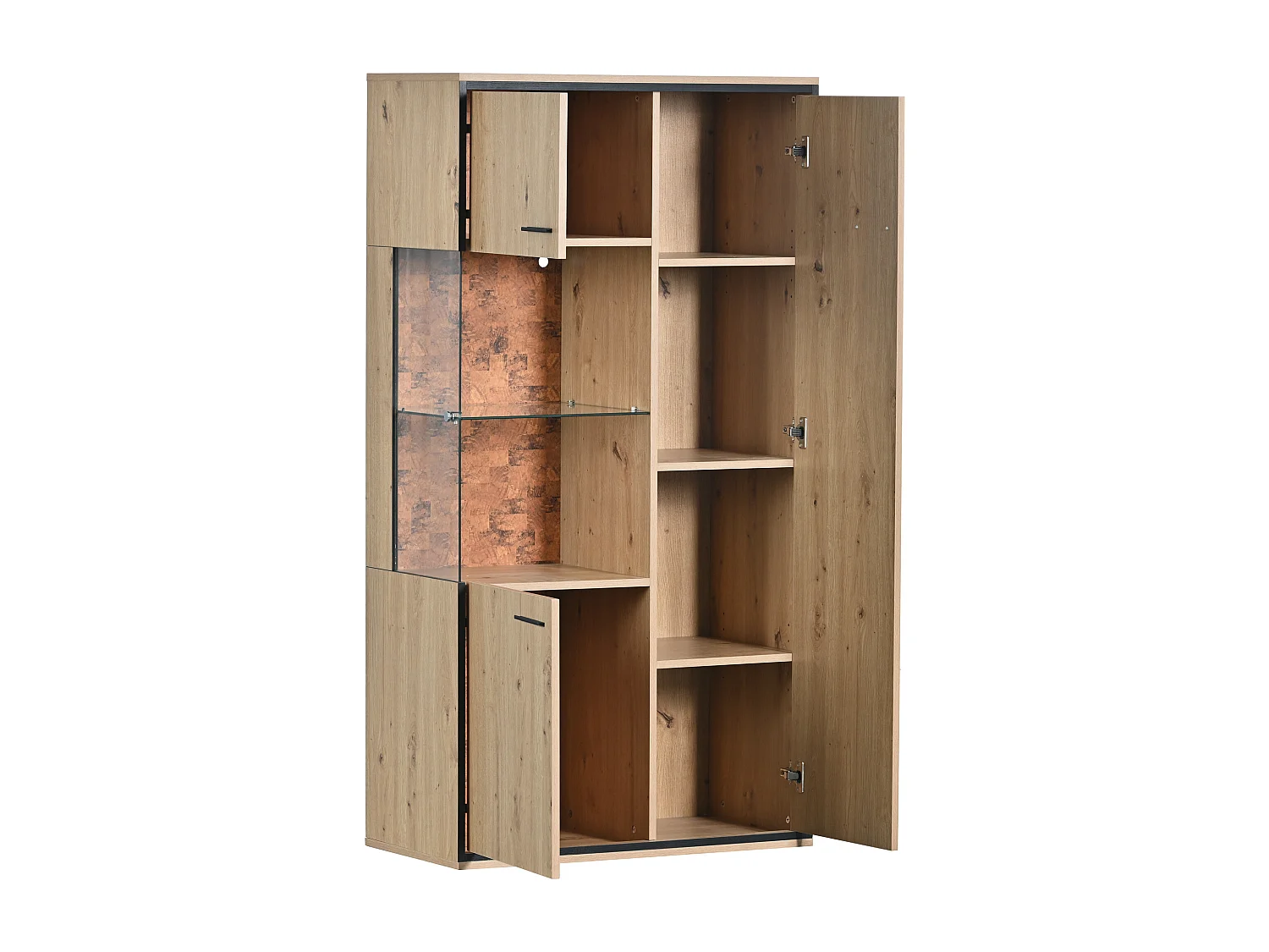 Vitrine moderne 150x78x40 cm avec LED, grand rangement et étagère en verre - Naturel