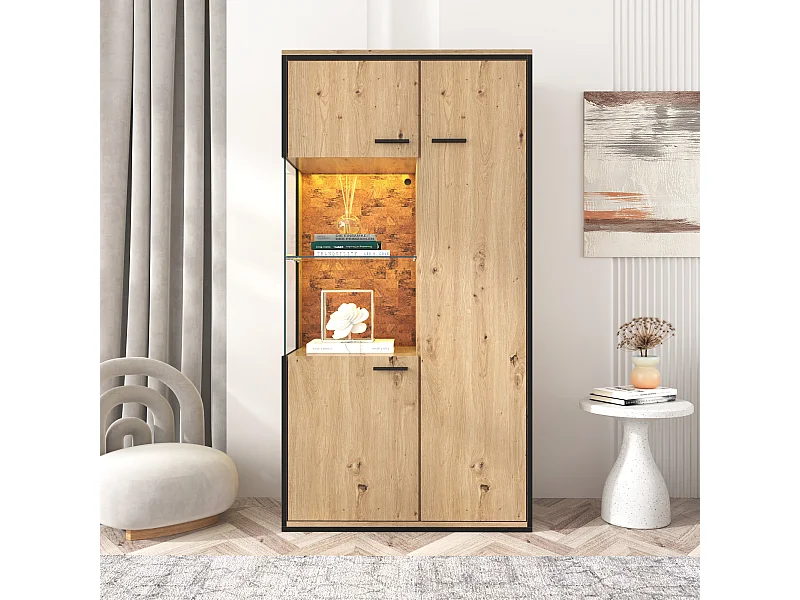 Vetrina moderna 150x78x40 cm con LED, ampio contenitore e ripiano in vetro - Naturale