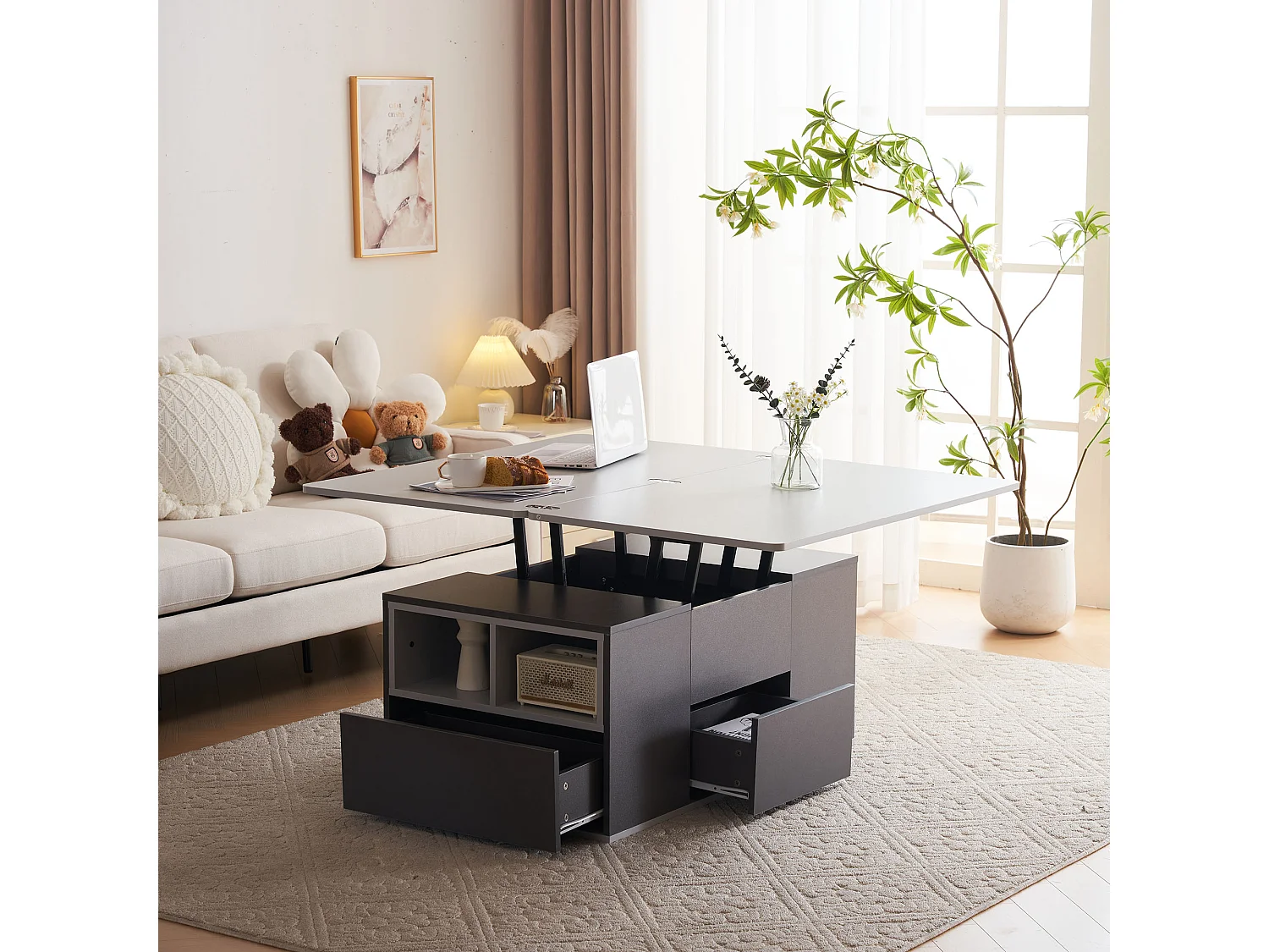 Table basse extensible avec tiroirs de rangement et étagères ouvertes - Gris - pour salon