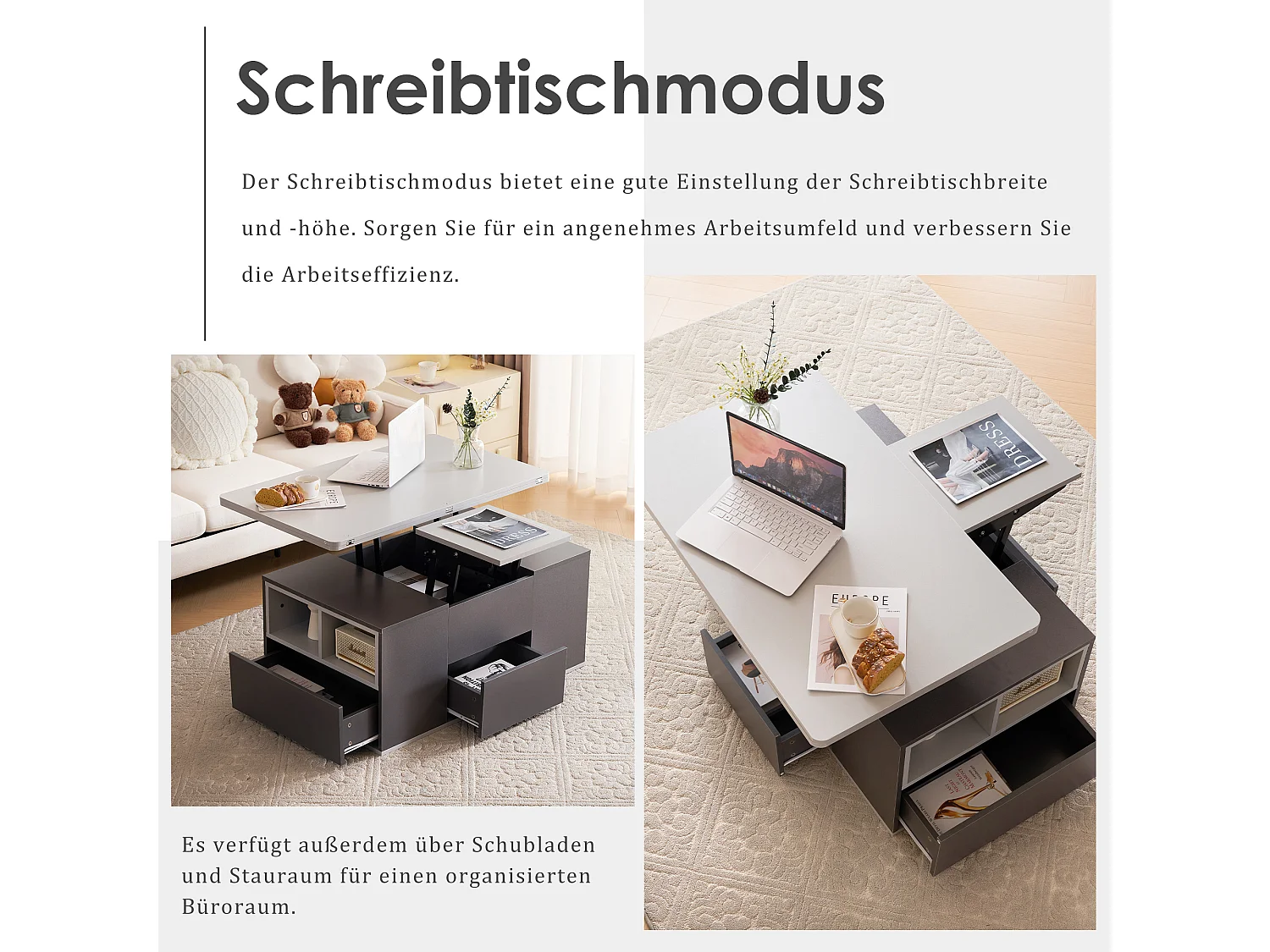 Table basse extensible avec tiroirs de rangement et étagères ouvertes - Gris - pour salon