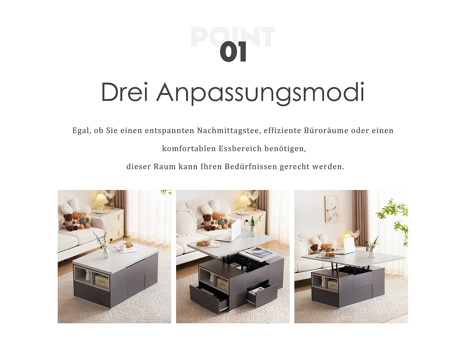 Table basse extensible avec tiroirs de rangement et étagères ouvertes - Gris - pour salon