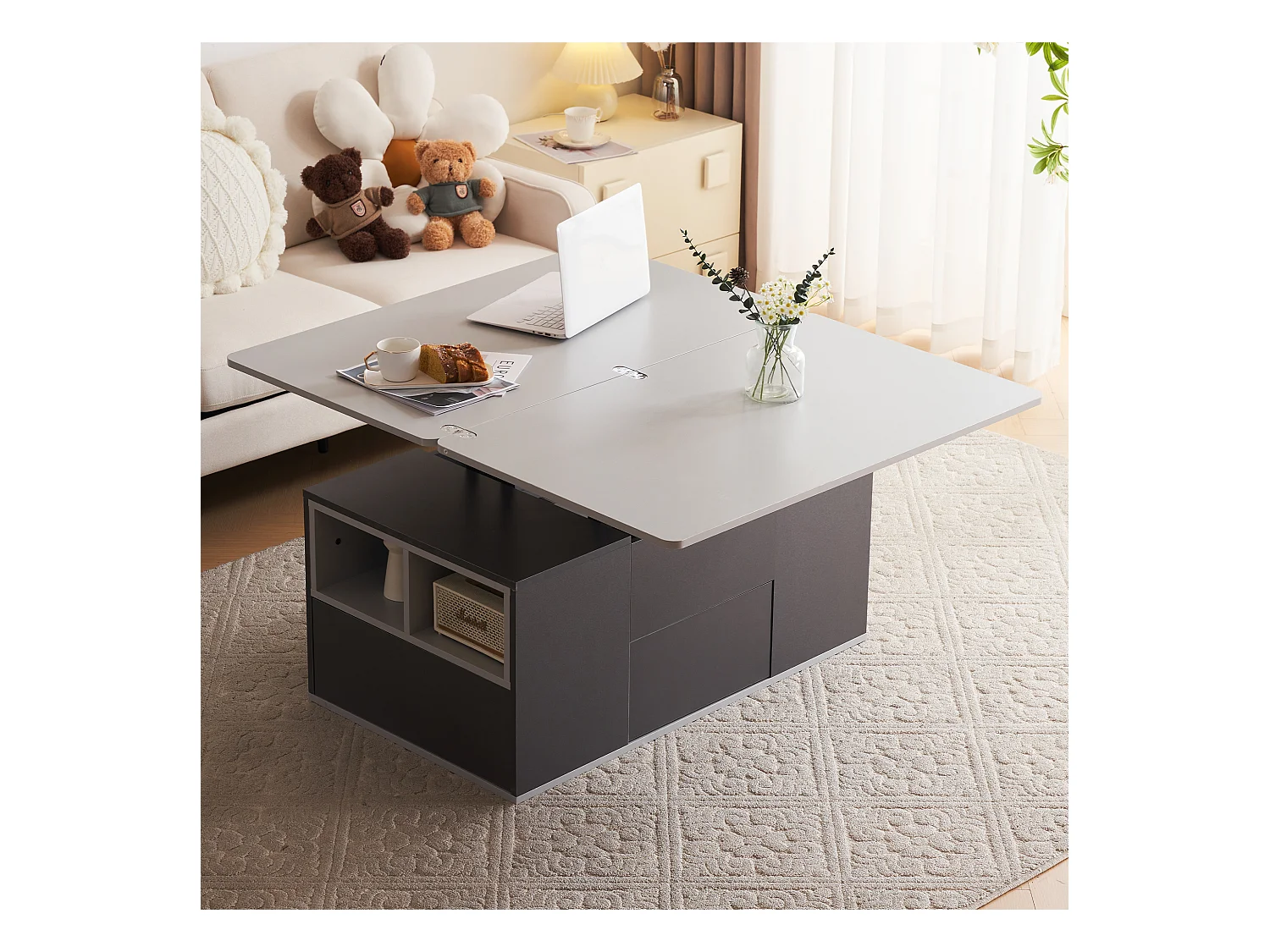 Tavolino multifunzionale con tavolo aperto, sollevabile - Grigio