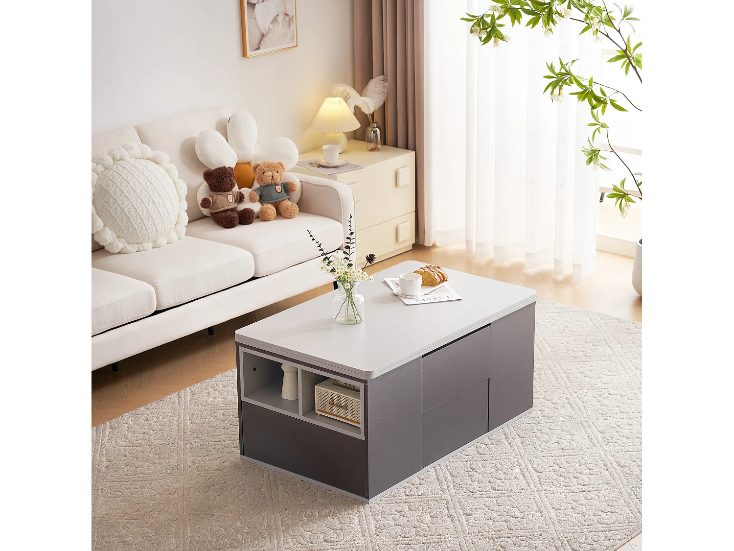 Table basse extensible avec tiroirs de rangement et étagères ouvertes - Gris - pour salon