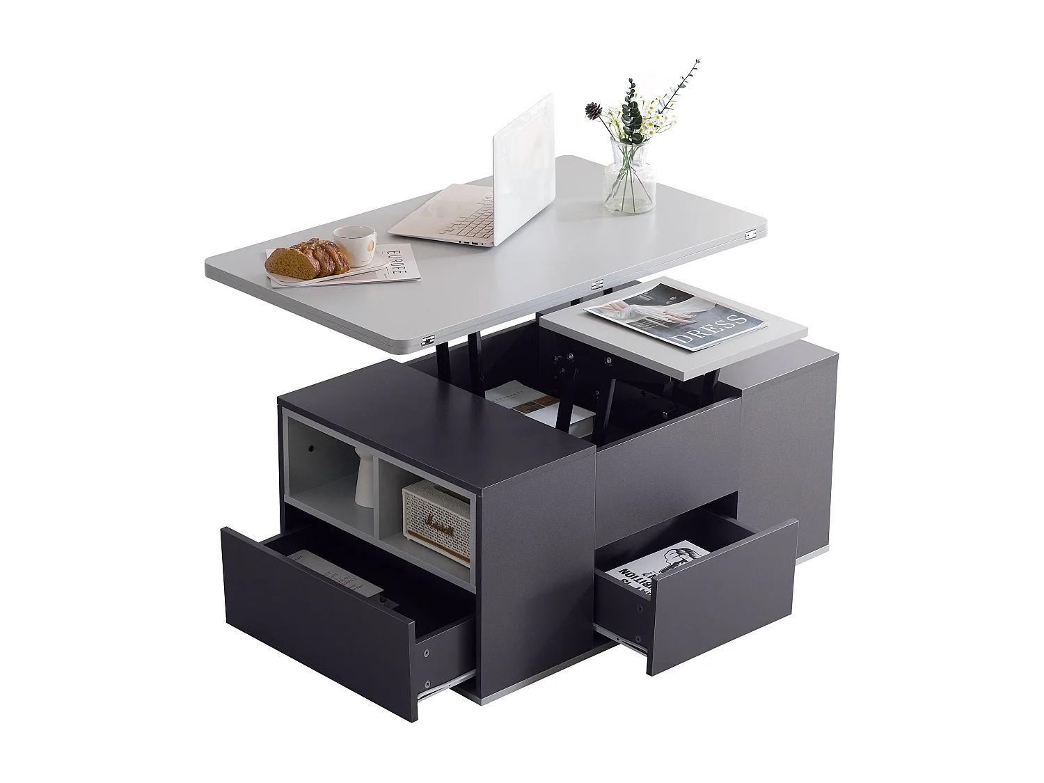 Table basse extensible avec tiroirs de rangement et étagères ouvertes - Gris - pour salon