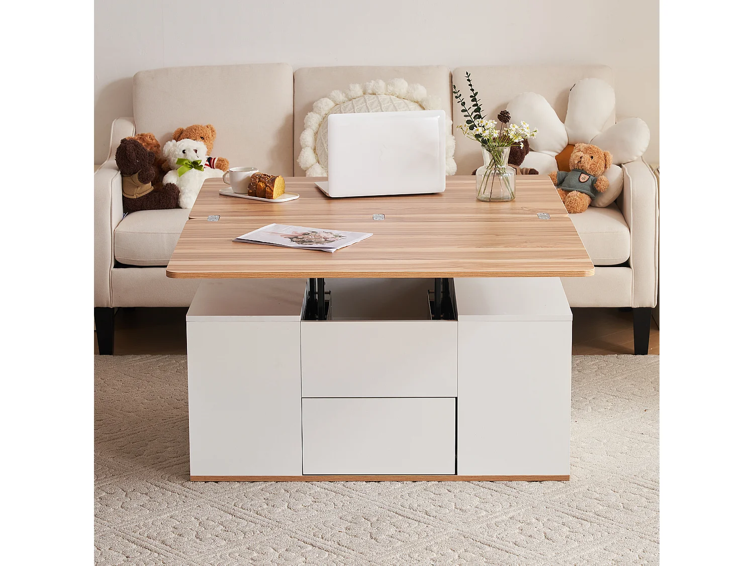 Table basse extensible avec tiroirs de rangement et étagères ouvertes - Blanc - pour salon