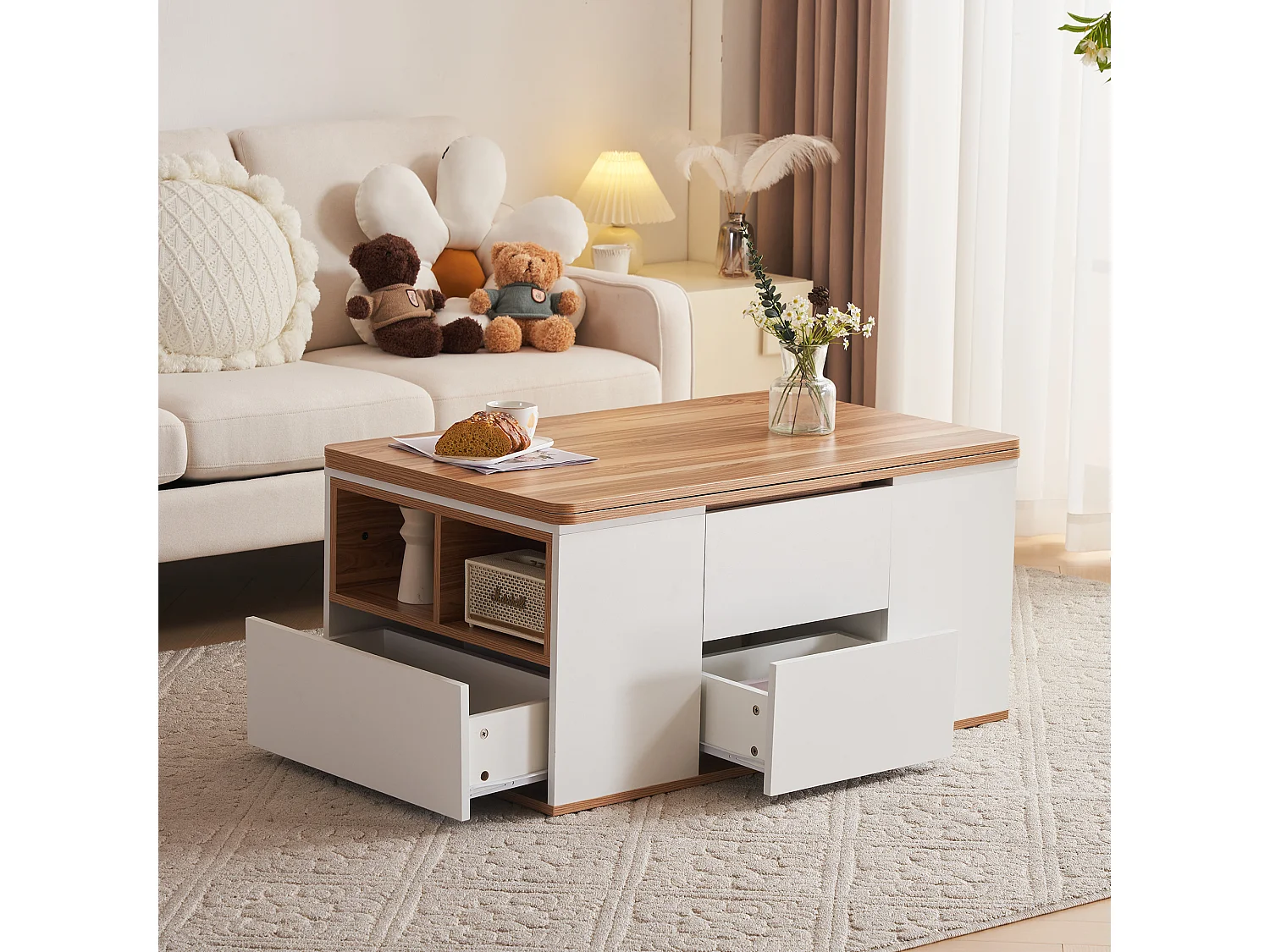 Table basse extensible avec tiroirs de rangement et étagères ouvertes - Blanc - pour salon