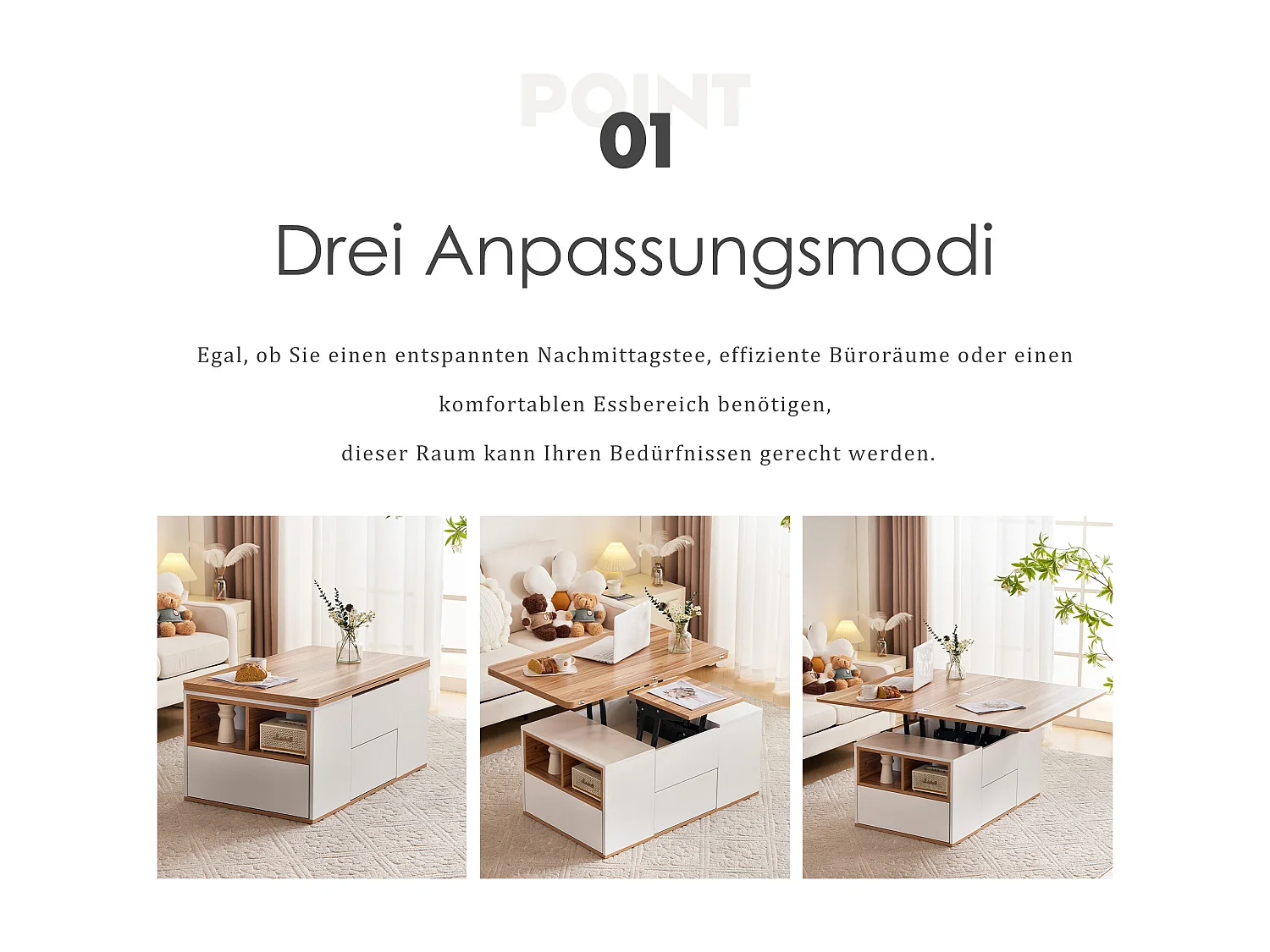 Table basse extensible avec tiroirs de rangement et étagères ouvertes - Blanc - pour salon