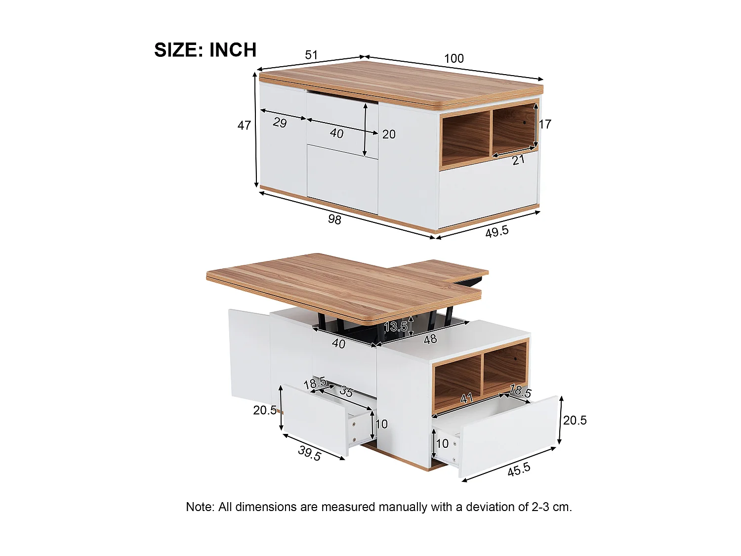 Table basse extensible avec tiroirs de rangement et étagères ouvertes - Blanc - pour salon