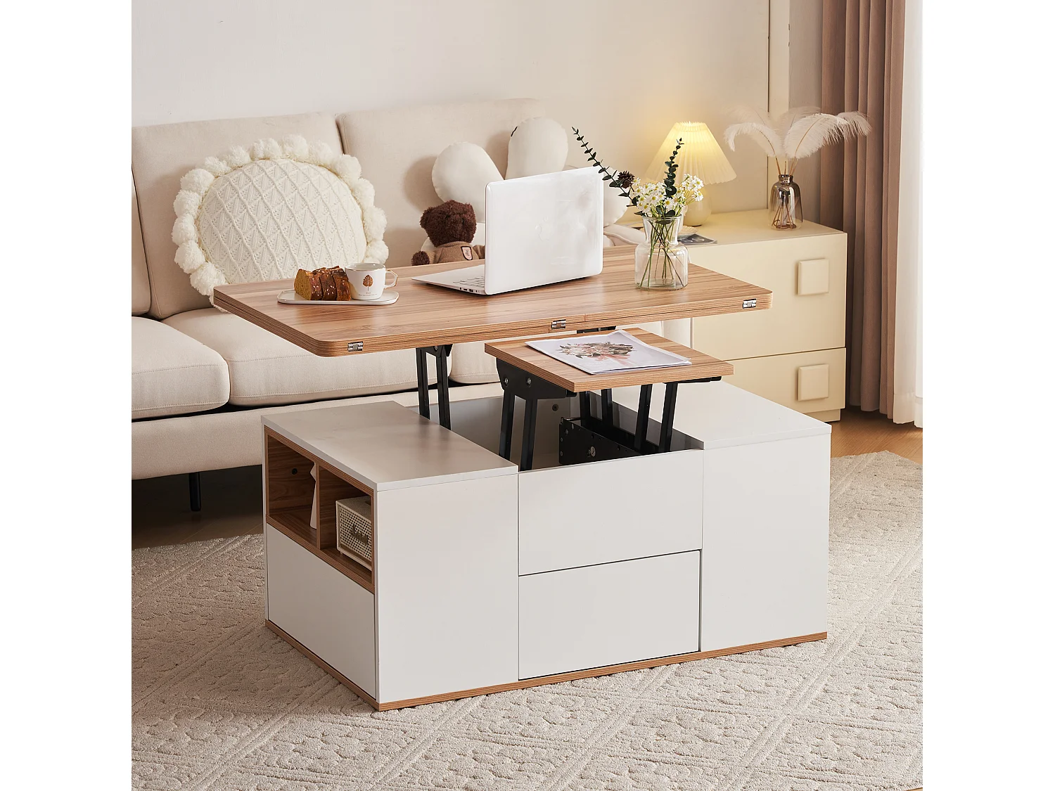 Table basse extensible avec tiroirs de rangement et étagères ouvertes - Blanc - pour salon