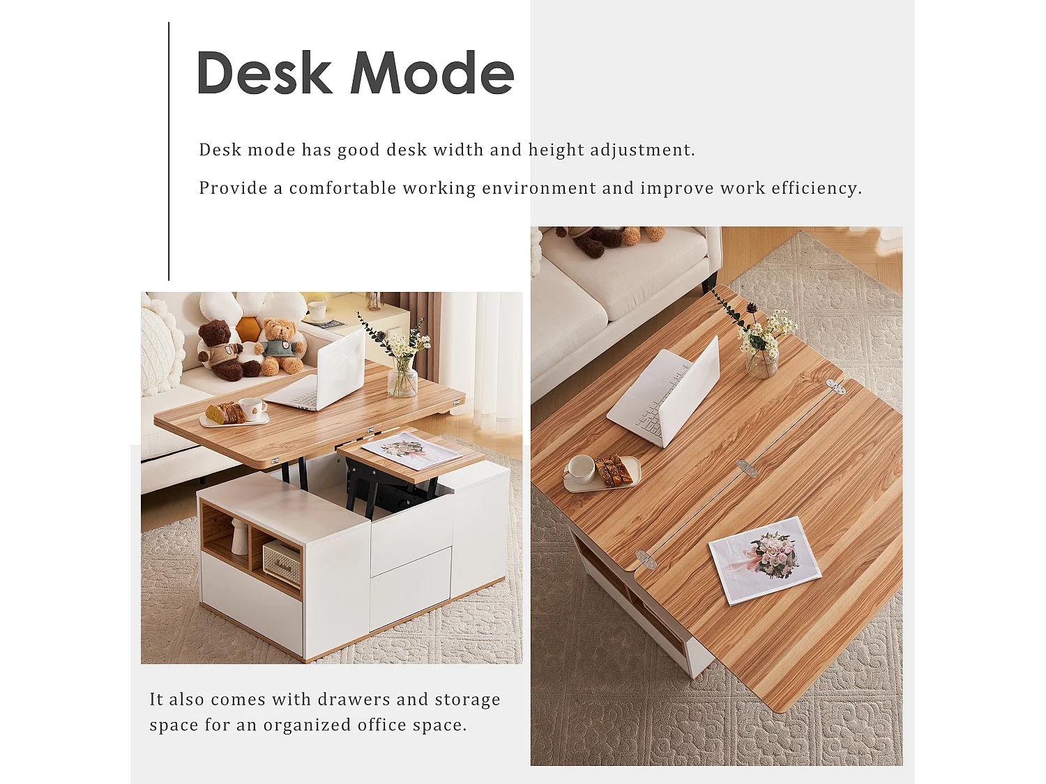 Table basse extensible avec tiroirs de rangement et étagères ouvertes - Blanc - pour salon