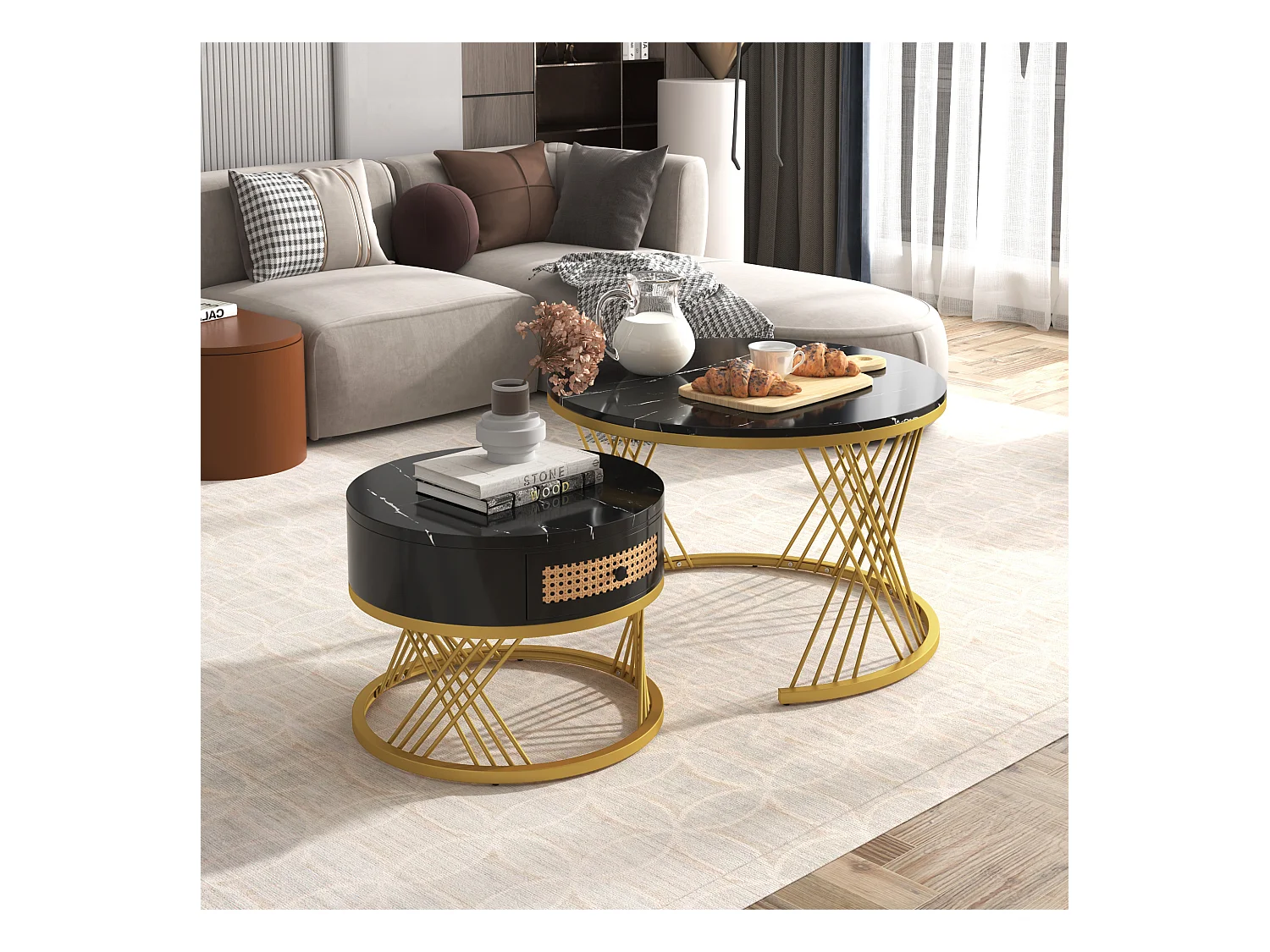 Lot de 2 tables basses - Table basse ronde avec tiroir en rotin - Plateau sticker aspect marbre noir - Pieds dorés